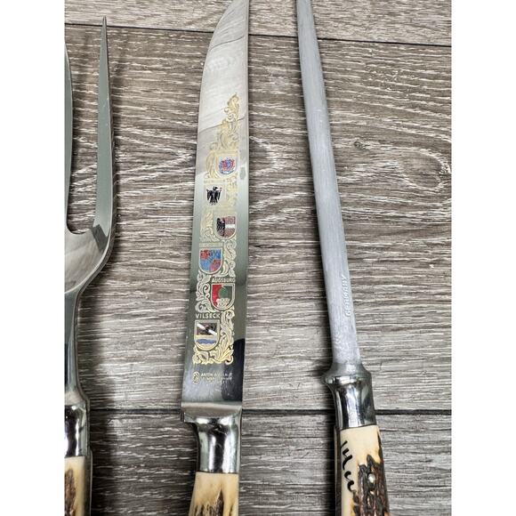 Solingen Germany Stainless Stag Antler Handle Carving Knife Serving Fork~3 Pc - Picture 3 of 9